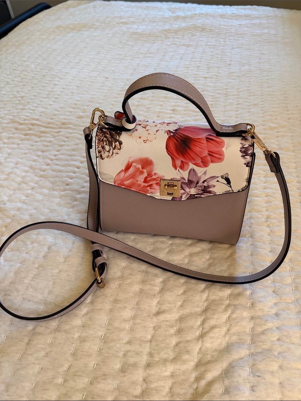 Dune London Pink Taupe Floral-Accent Top-Handle Crossbody Bag
